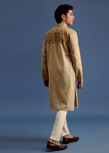 Beige Hand Block Printed Kurta Set With Zari Work
