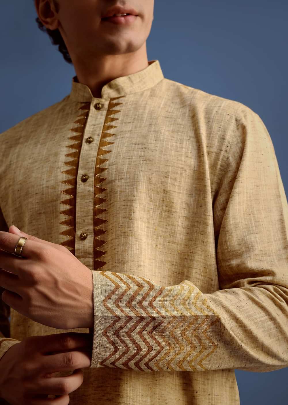 Beige Hand Block Printed Kurta Set With Zari Work