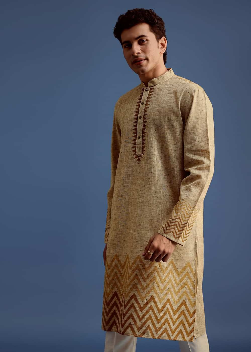 Beige Hand Block Printed Kurta Set With Zari Work