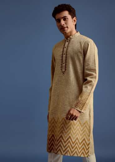 Beige Hand Block Printed Kurta Set With Zari Work