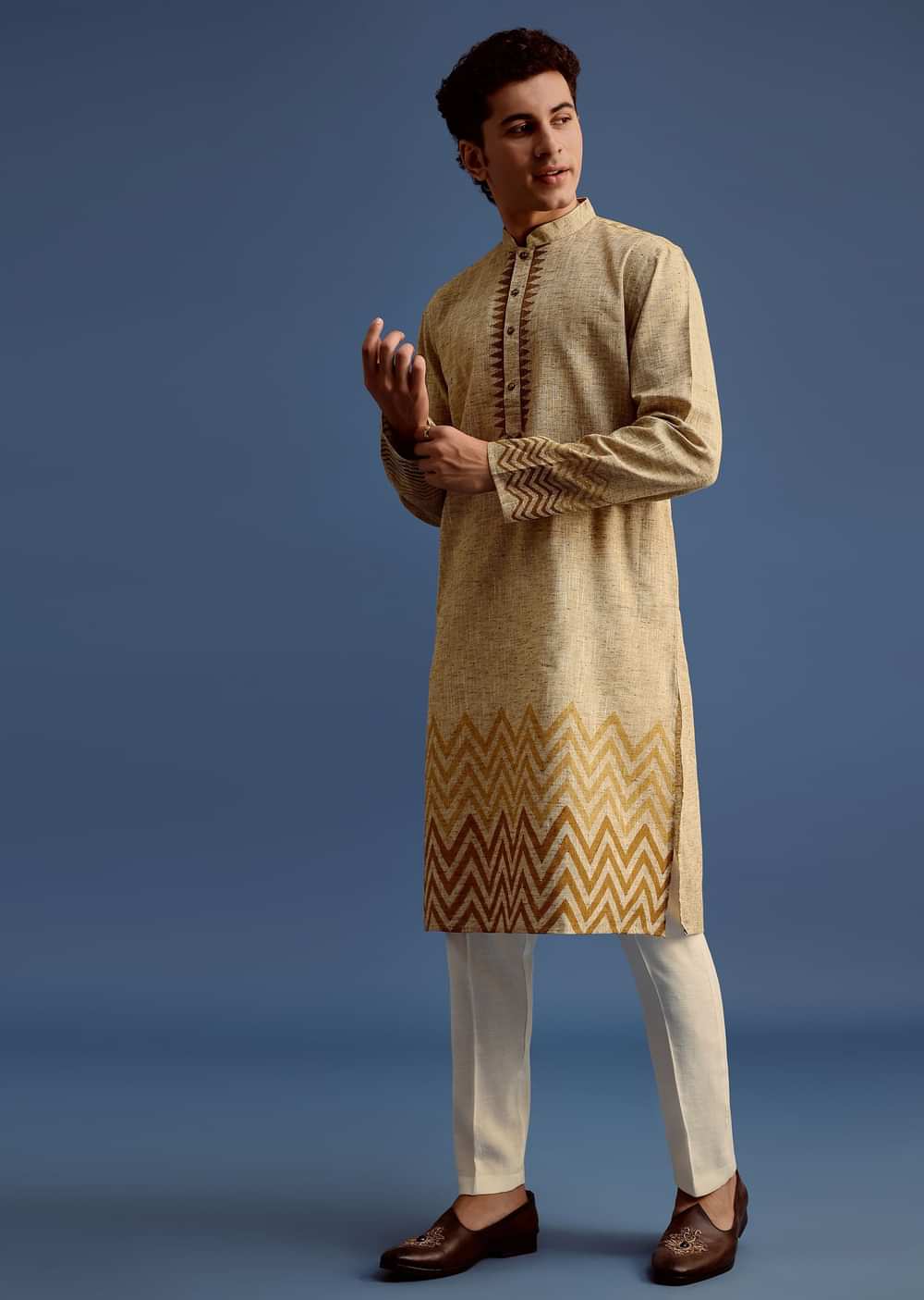 Beige Hand Block Printed Kurta Set With Zari Work