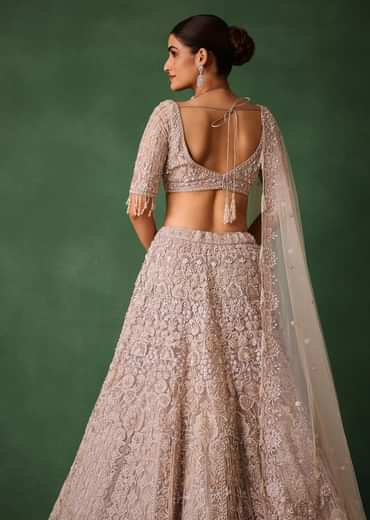 Beige Hand Embroidered Floral Lehenga With Blouse And Dupatta