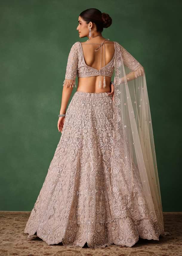 Beige Hand Embroidered Floral Lehenga With Blouse And Dupatta