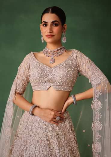 Beige Hand Embroidered Floral Lehenga With Blouse And Dupatta