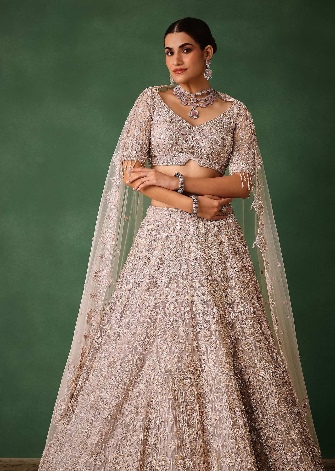 Beige Hand Embroidered Floral Lehenga With Blouse And Dupatta