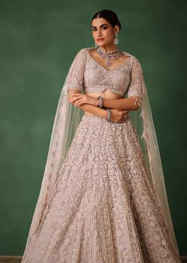 Beige Hand Embroidered Floral Lehenga With Blouse And Dupatta