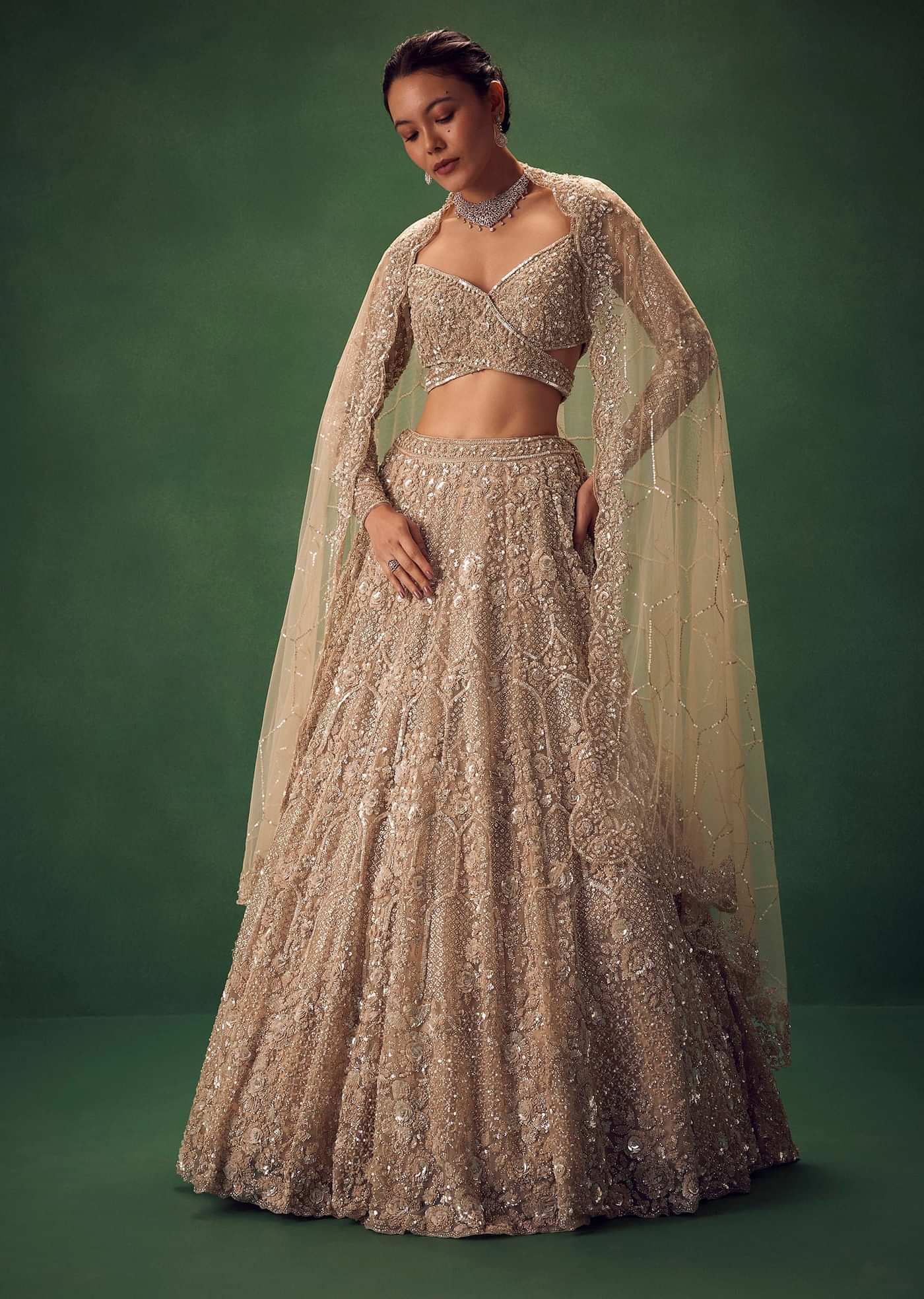 Beige Hand Embroidered Sequin Work Lehenga Set