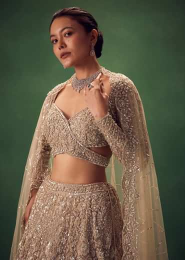 Beige Hand Embroidered Sequin Work Lehenga Set