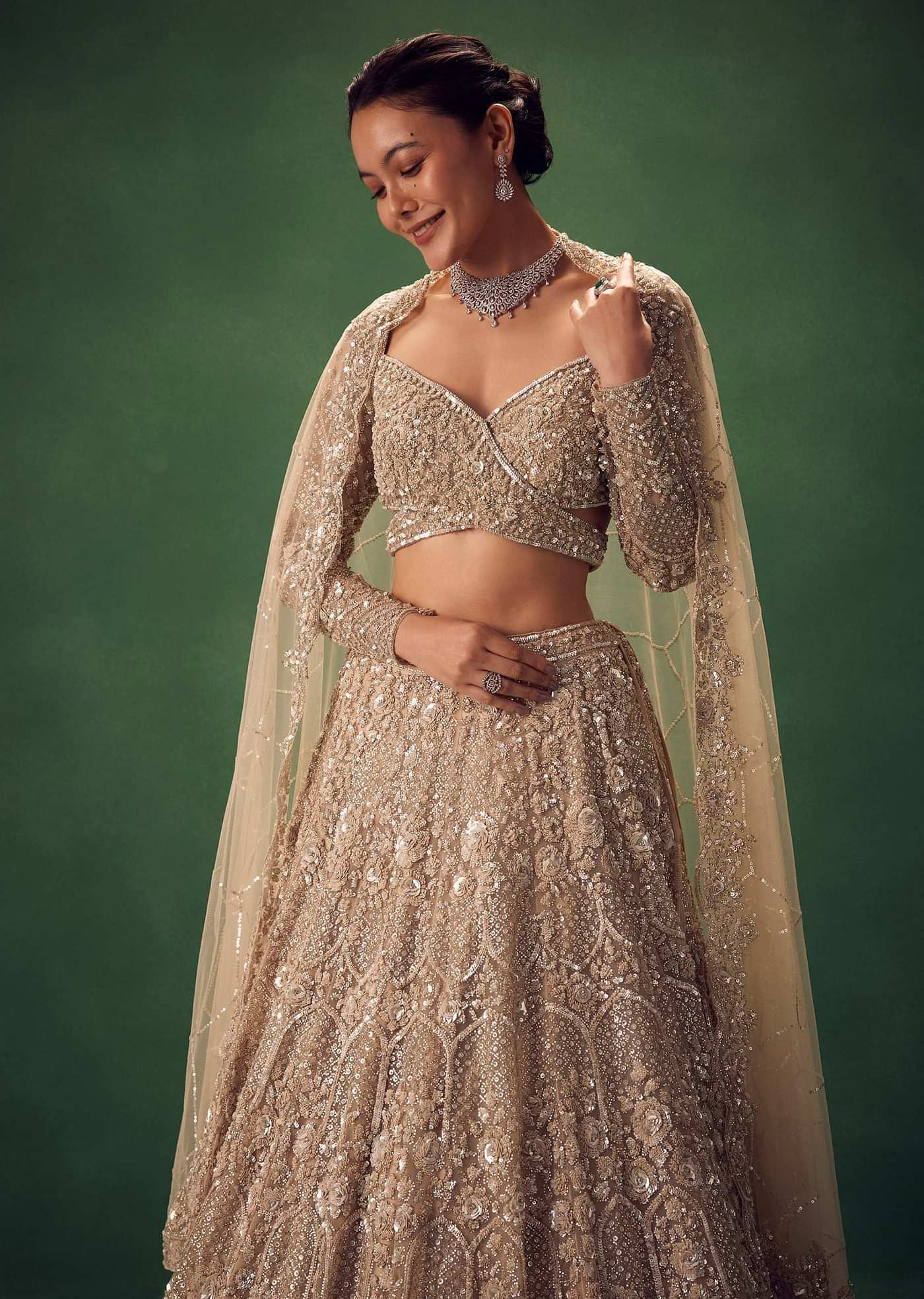 Beige Hand Embroidered Sequin Work Lehenga Set