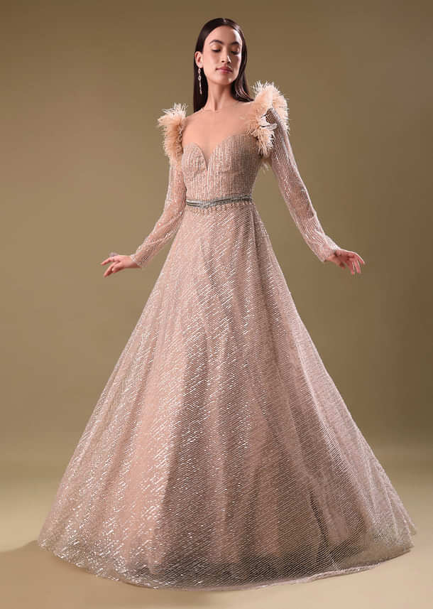 Beige Hand Embroidered Sequins Gown