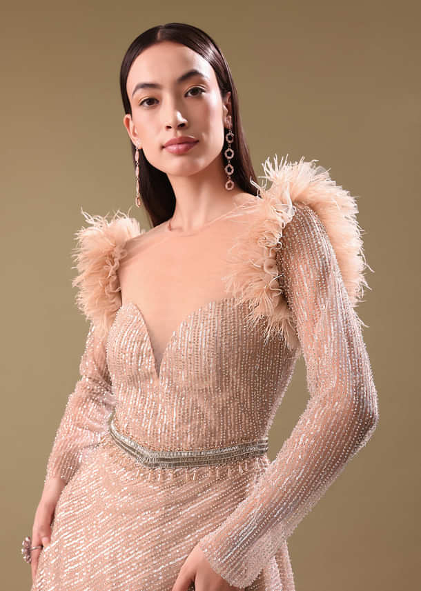 Beige Hand Embroidered Sequins Gown