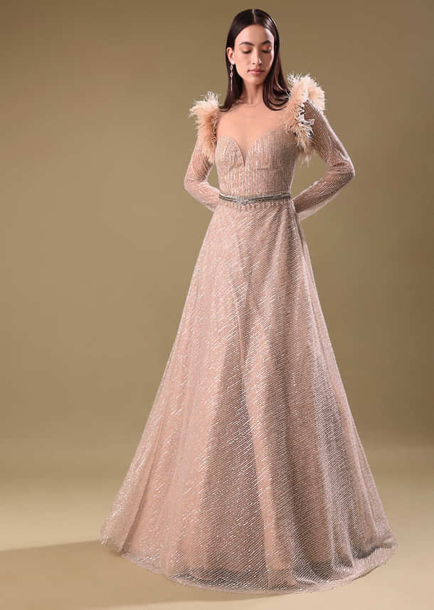 Beige Hand Embroidered Sequins Gown