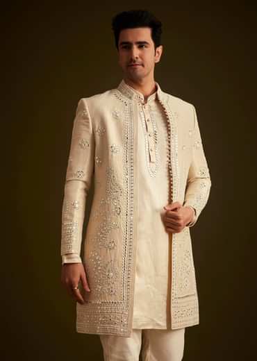 Beige Hand Embroidered Sherwani Set