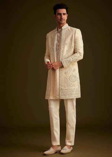 Beige Hand Embroidered Sherwani Set