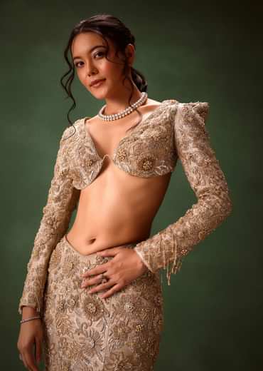 Beige Heavy Embroidered Skirt Suit With Full Sleeves V Neck Blouse