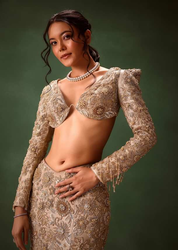 Beige Heavy Embroidered Skirt Suit With Full Sleeves V Neck Blouse