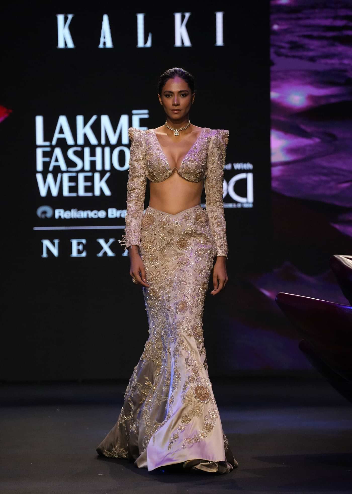 Beige Heavy Embroidered Skirt Suit With Full Sleeves V Neck Blouse