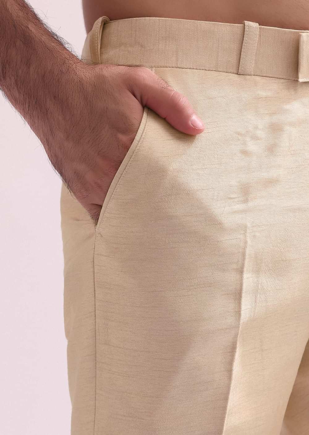 Beige High Collar Silk Sherwani And Kurta Set