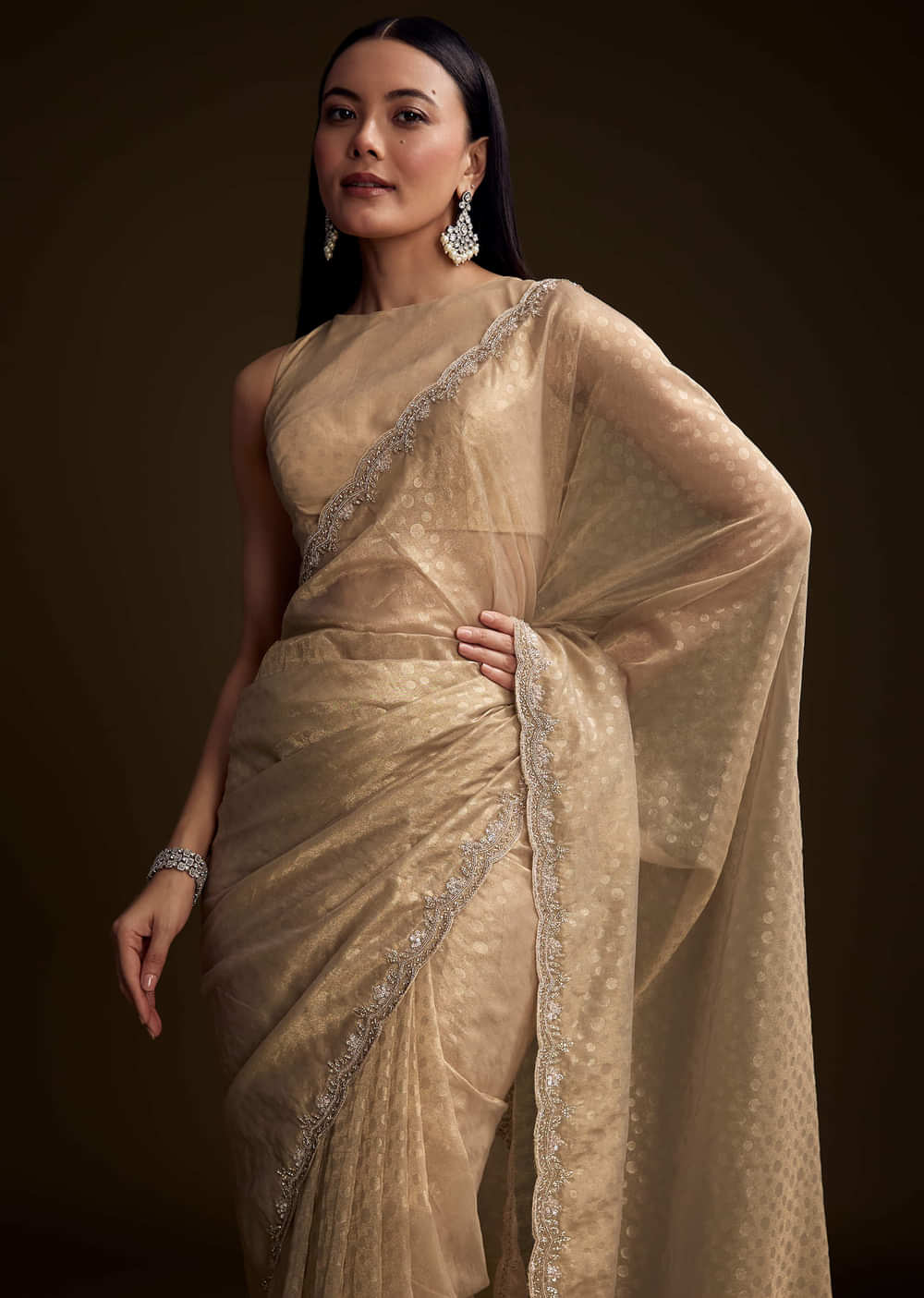 Beige Jacquard Saree With Sequin And Stone Embroidery