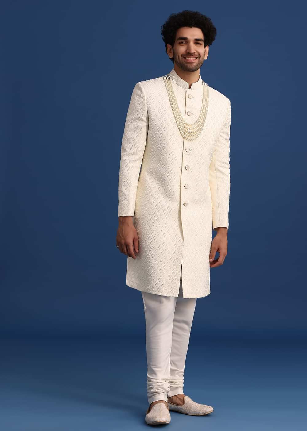 Beige Jacquard Sherwani And Kurta Set