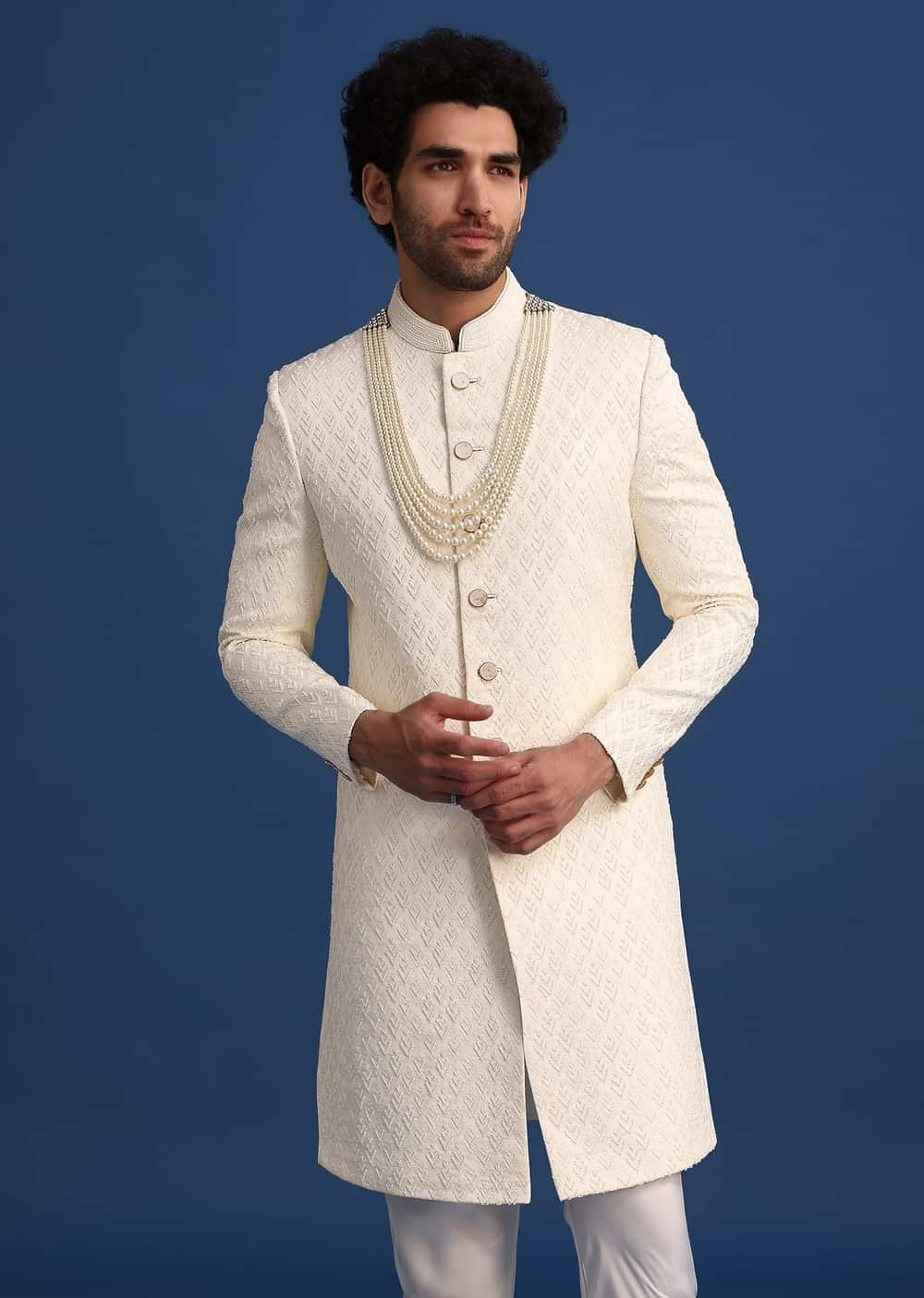Beige Jacquard Sherwani And Kurta Set