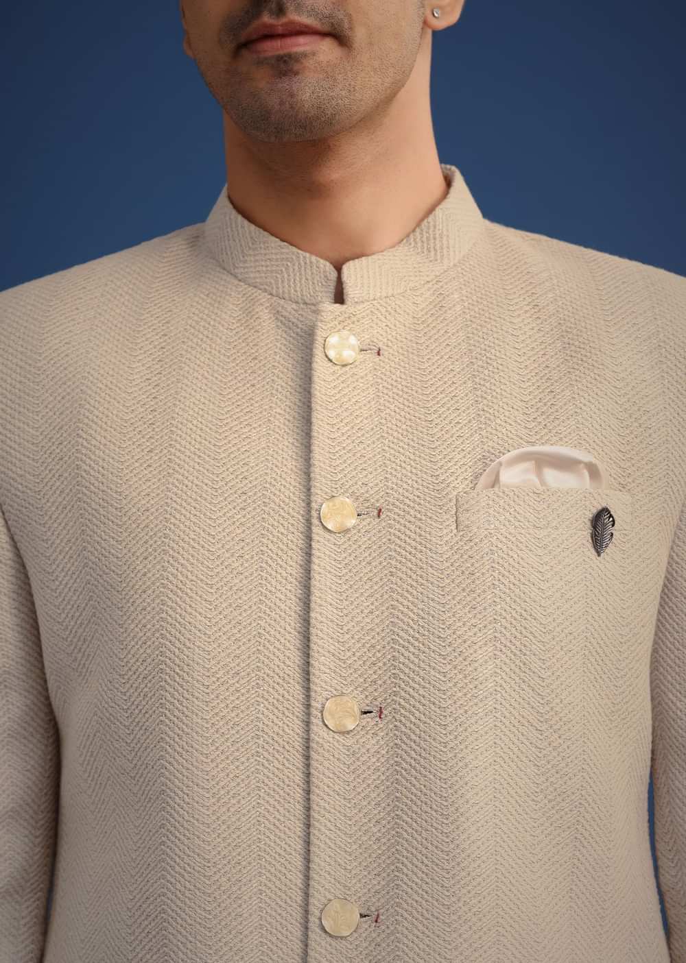 Beige Jodhpuri And Pant Set With Pocket Square