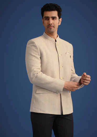 Beige Jodhpuri And Pant Set With Pocket Square