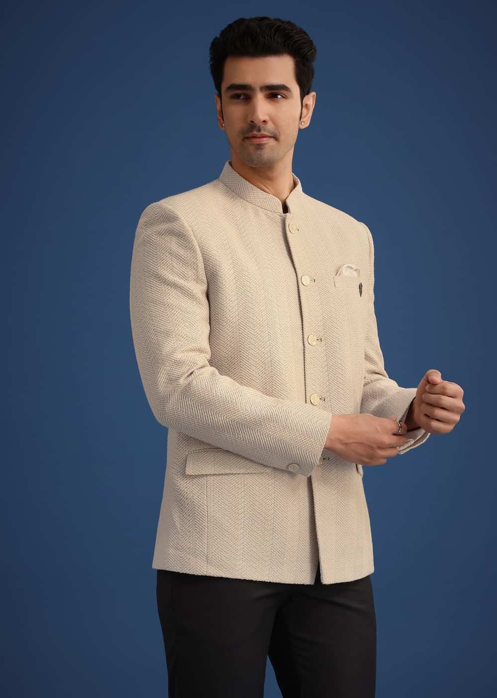 Beige Jodhpuri And Pant Set With Pocket Square