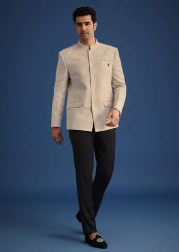 Beige Jodhpuri And Pant Set With Pocket Square
