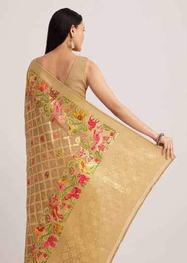 Beige Khaddi Georgette Jaal Work Saree With Animal Bird Motifs