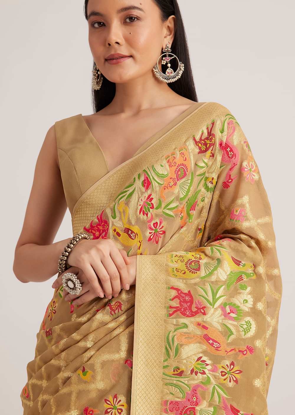 Beige Khaddi Georgette Jaal Work Saree With Animal Bird Motifs