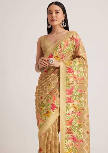Beige Khaddi Georgette Jaal Work Saree With Animal Bird Motifs