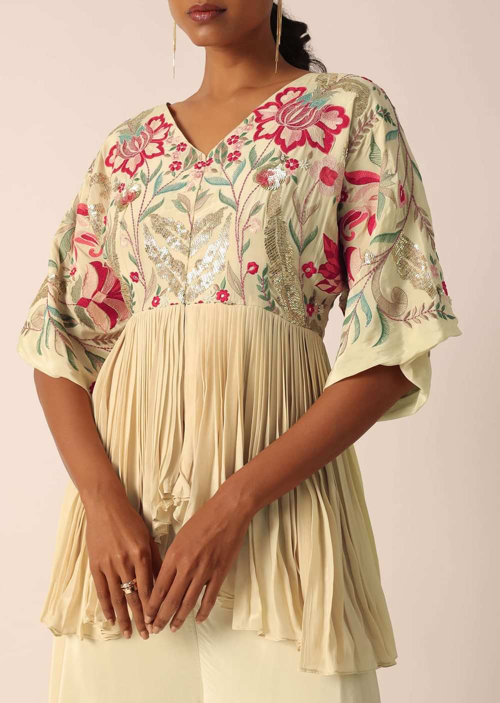 Beige kurta and palazzo set with bead embellishments