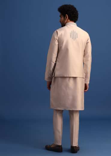 Beige Kurta Jacket Set With Thread Work For Men