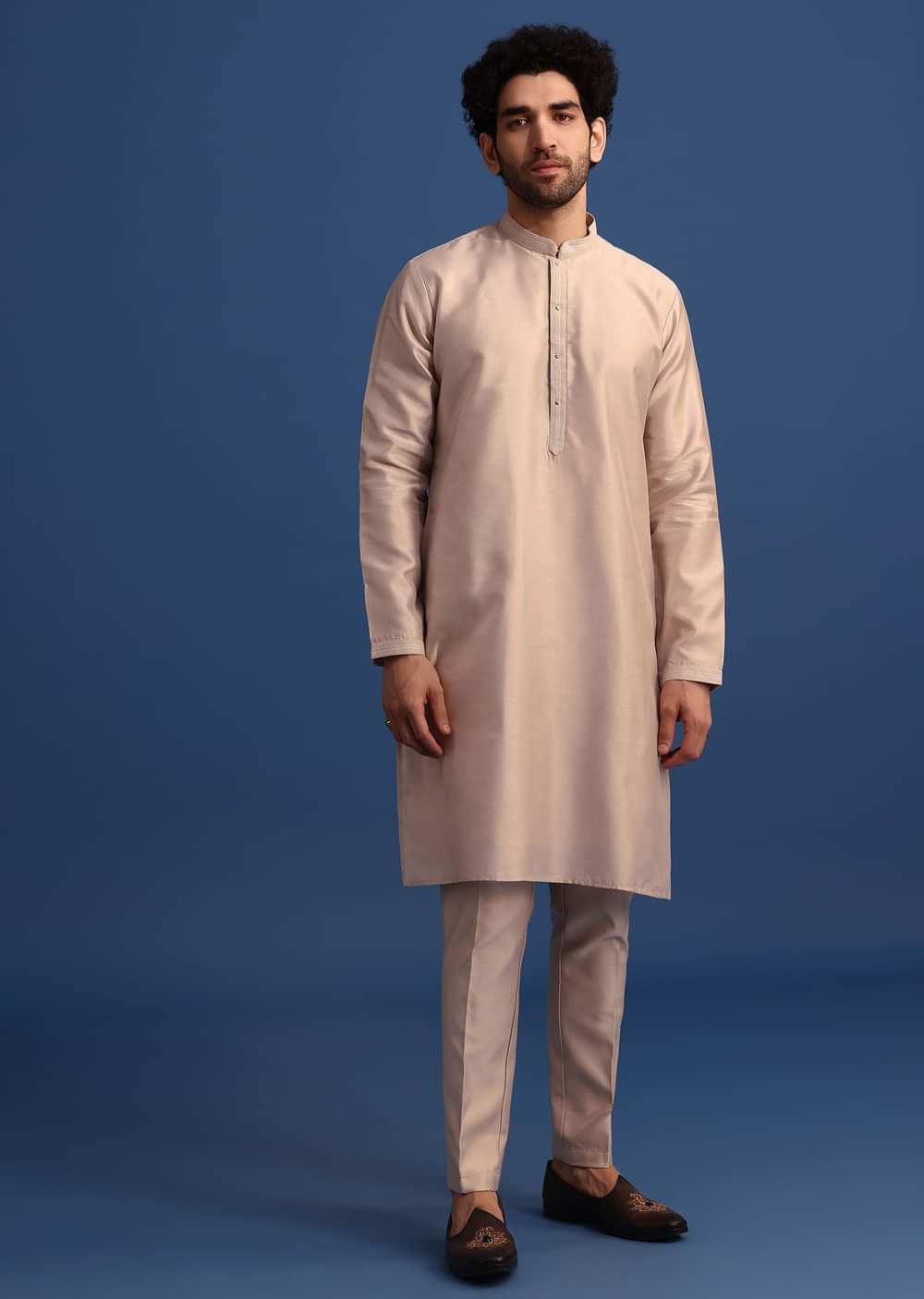 Beige Kurta Jacket Set With Thread Work For Men