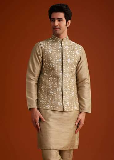 Beige Kurta Pant Set With Embroidered Nehru Jacket