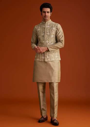 Beige Kurta Pant Set With Embroidered Nehru Jacket
