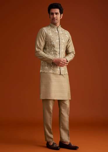 Beige Kurta Pant Set With Embroidered Nehru Jacket