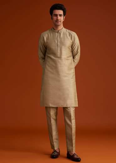 Beige Kurta Pant Set With Embroidered Nehru Jacket