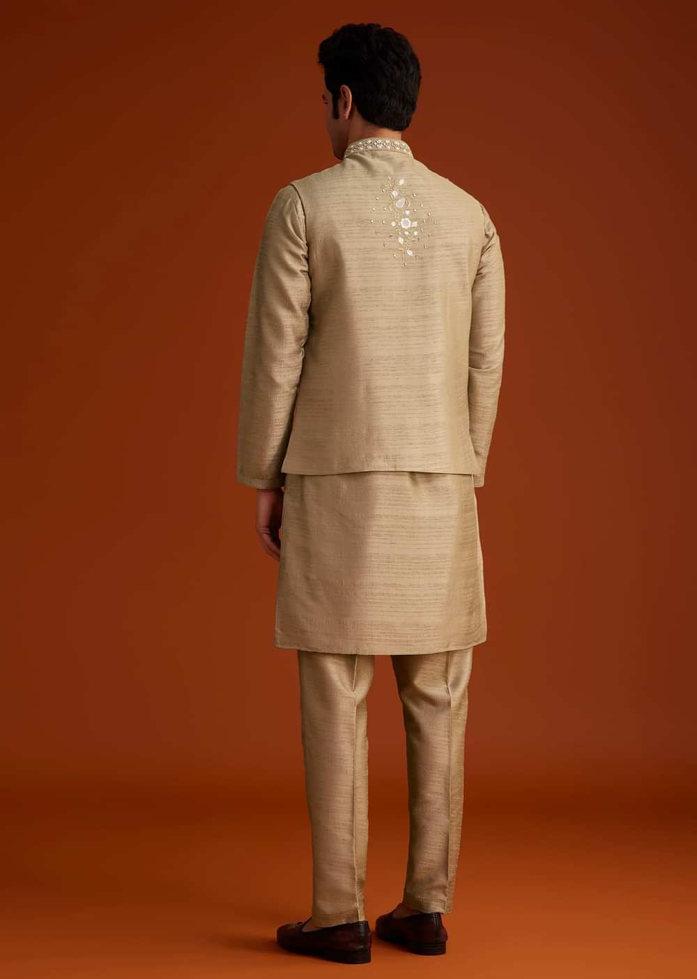 Beige Kurta Pant Set With Embroidered Nehru Jacket