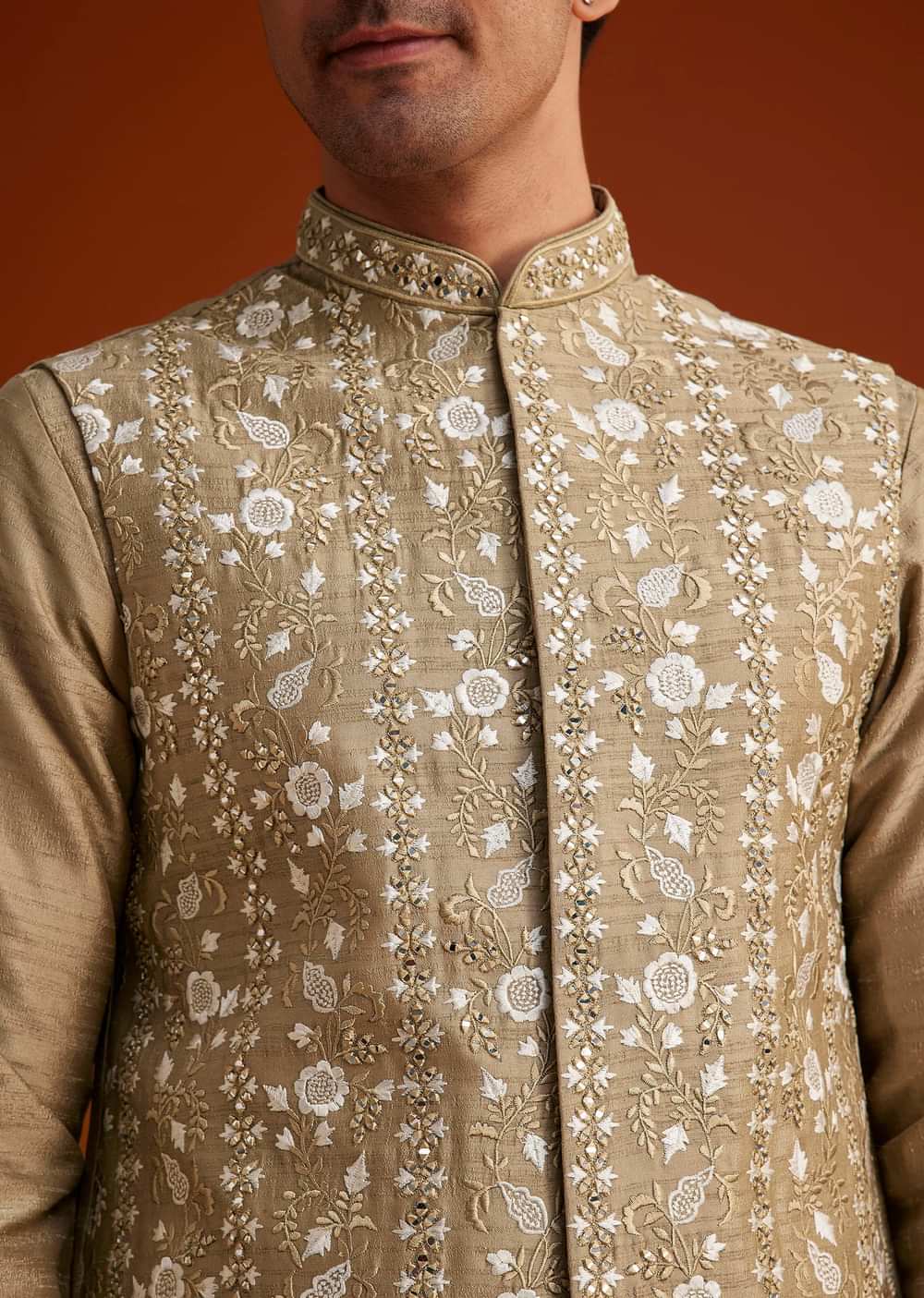 Beige Kurta Pant Set With Embroidered Nehru Jacket