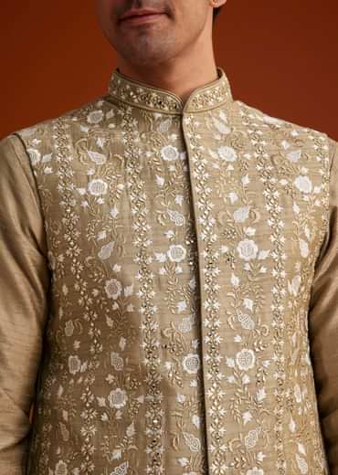 Beige Kurta Pant Set With Embroidered Nehru Jacket