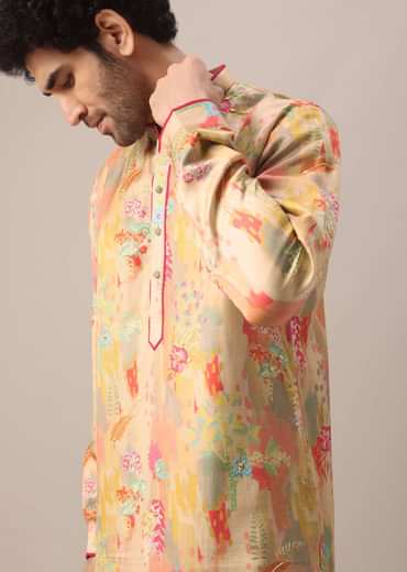 Beige Kurta Set In Silk With Floral Prints