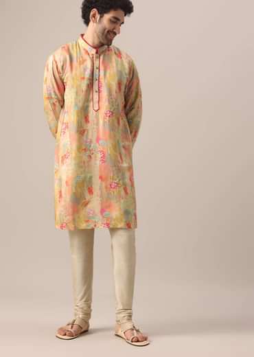 Beige Kurta Set In Silk With Floral Prints