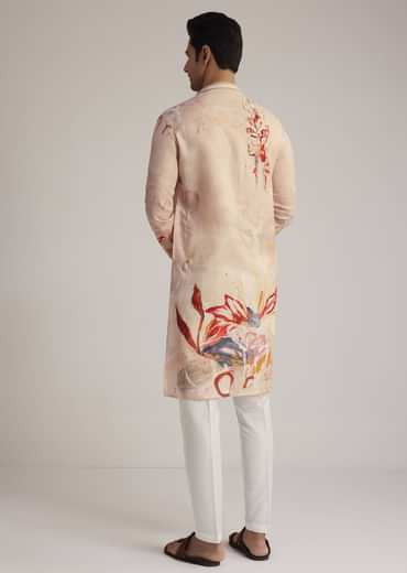 Beige Linen Kurta With Floral Print