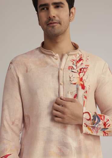 Beige Linen Kurta With Floral Print