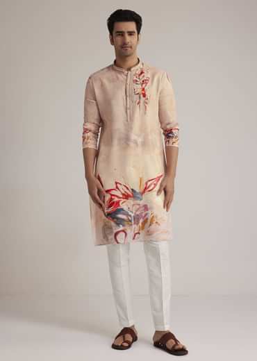 Beige Linen Kurta With Floral Print
