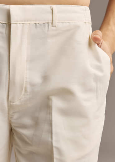 Beige Linen Printed Kurta Set For Men With Embroidery