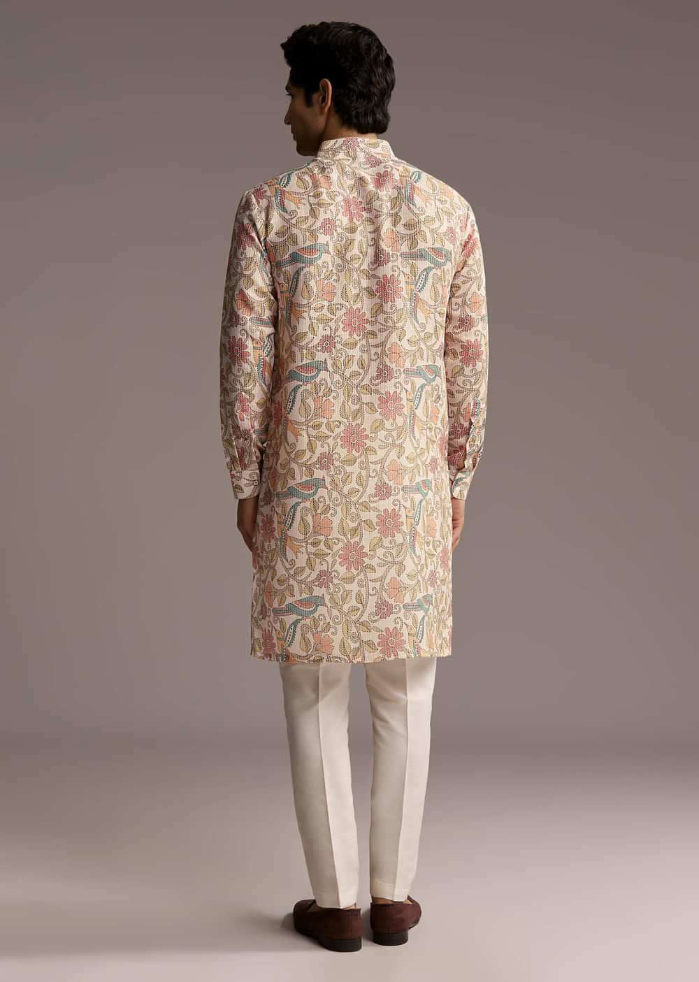 Beige Linen Printed Kurta Set For Men With Embroidery