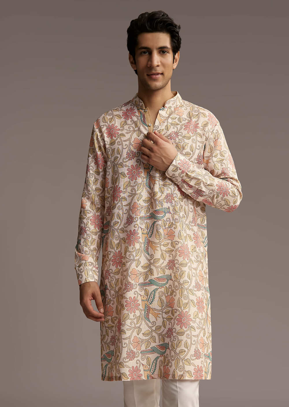 Beige Linen Printed Kurta Set For Men With Embroidery